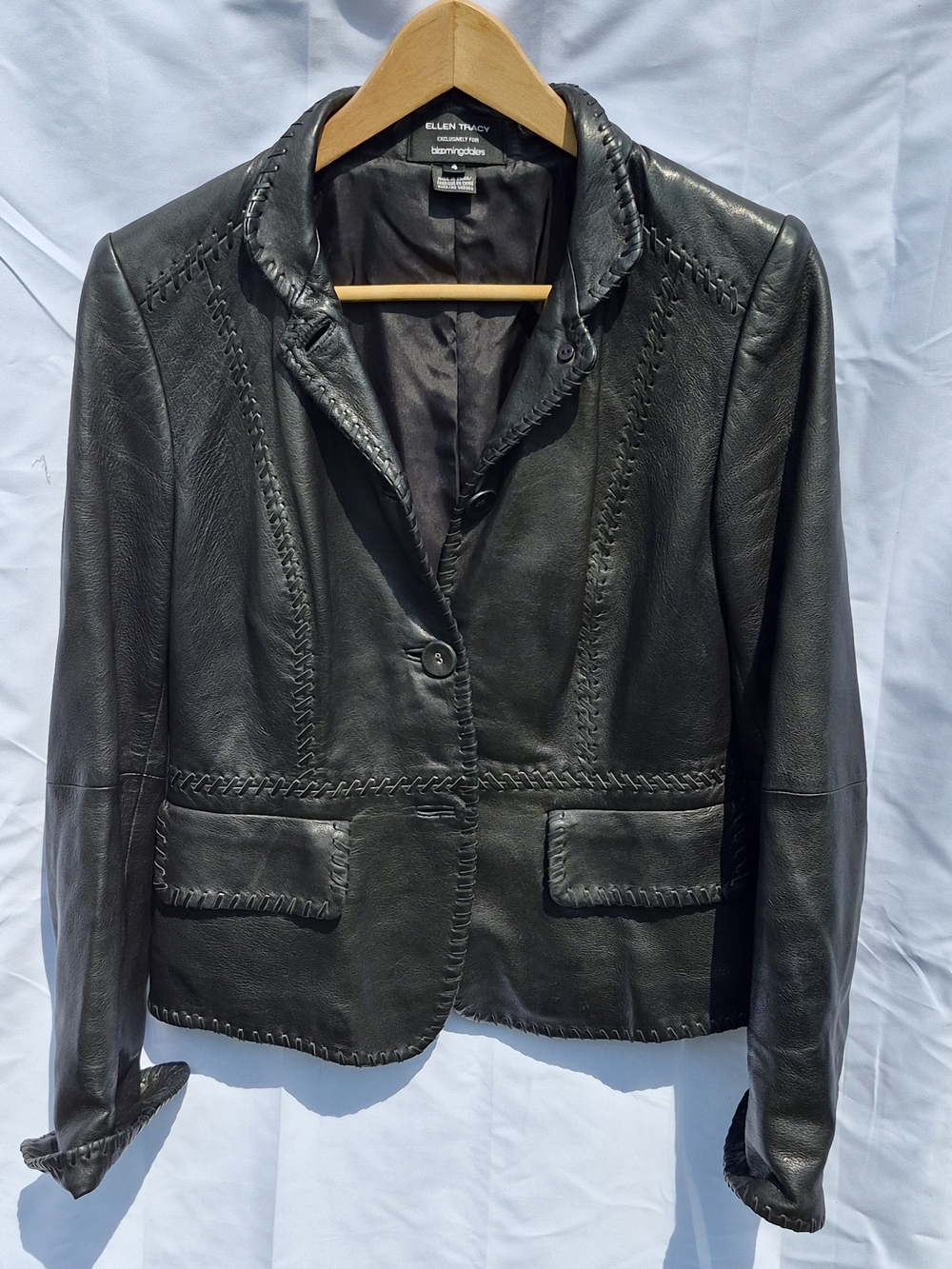 Ellen Tracy Black Leather Whipstitch Blazer